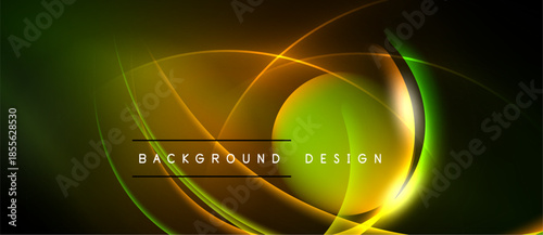 Abstract neon lines create dynamic glowing curves. Dark background emphasizes bright yellow, green hues. Modern design element.