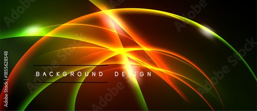 Dynamic abstract design features vibrant curves, glowing lines. Dark background emphasizes bright orange, green hues. Modern visual element.