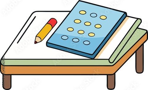 Inclusive classroom desk with Braille notebook, accessible learning tools for visually impaired students, adaptive education setup, educational inclusion, special needs study environment