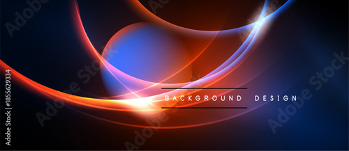 Abstract design features vibrant blue, orange glows. Dynamic curves create futuristic feel against dark backdrop. Modern aesthetic.