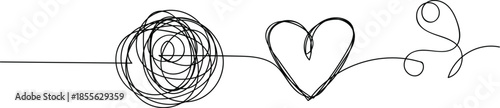 Chaotically tangled line and tangled heart. The journey from chaos to clarity and love in a continuous line drawing. This minimalist black and white continuous line drawing beautifully illustrates