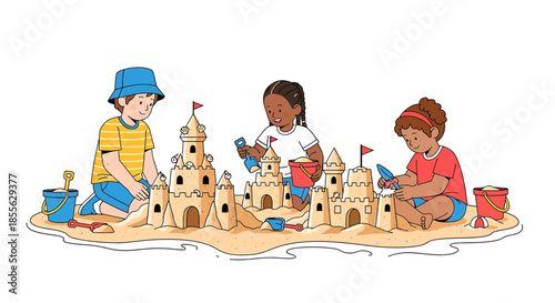 Children joyfully building elaborate sandcastles on a sunny beach, showcasing creativity and outdoor summer fun