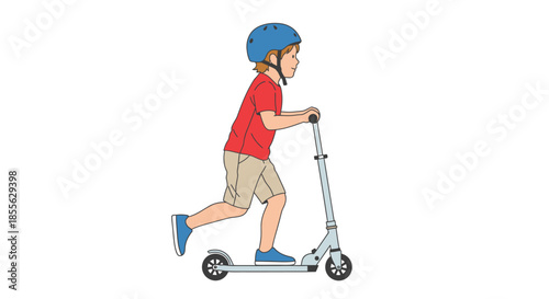 A young boy wearing a blue helmet and a red shirt rides a scooter down a path, enjoying a fun outdoor activity on a bright day