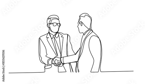 Continuous one line drawing of young office workers giving high five together, business teamwork concept, single line art