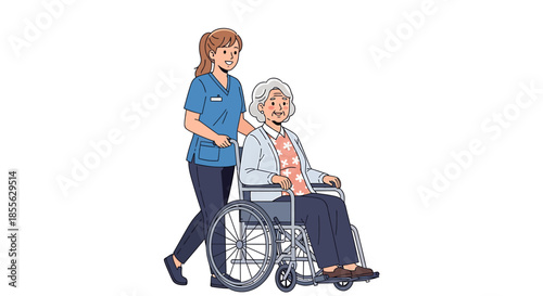 Caring caregiver assisting elderly woman in wheelchair, professional healthcare support, and accessibility
