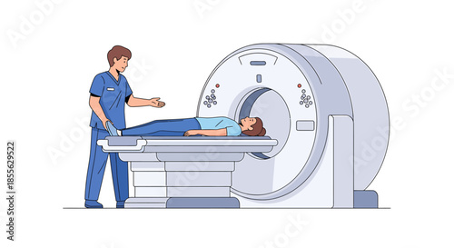 Medical Professional Overseeing Patient Undergoing a CT Scan Examination Inside a Modern Radiology Machine