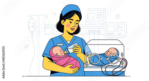 Nurse feeding newborn baby in incubator, illustration of neonatal care and medical assistance