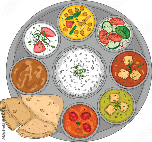 Traditional Indian Thali Vector Illustration Featuring Rice Roti and Assorted Curries for Authentic Food Branding