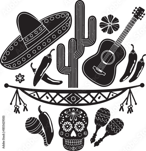 Fiesta elements with sombrero guitar cactus skull maracas