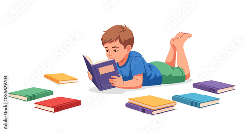 Young boy absorbed in reading a captivating book, surrounded by colorful literature, an illustration promoting childhood learning, imagination, and the joy of quiet discovery