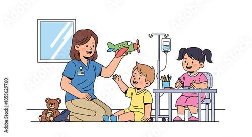 Child playing with nurse in hospital room with teddy bear and IV drip, illustration