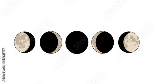 Minimalist illustration showcasing the beautiful and mysterious progression of the moon's phases, from a partial crescent to a dark new moon, depicting cosmic cycles and natural phenomena