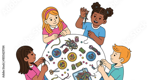 Joyful children gathered around a table, actively engaged in a colorful DIY crafting session, making handmade jewelry with beads and threads, fostering creativity and fine motor skills