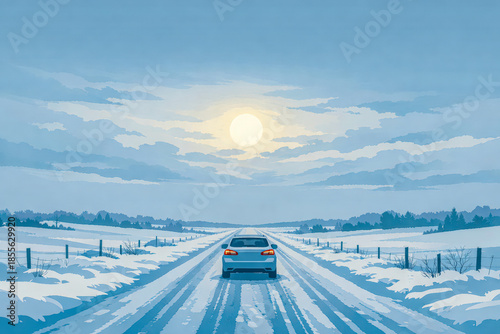 Horizontal winter highway with car driving toward low sun, snow-covered fields and soft blue sky creating peaceful seasonal atmosphere, minimalist landscape illustration for winter travel themes
