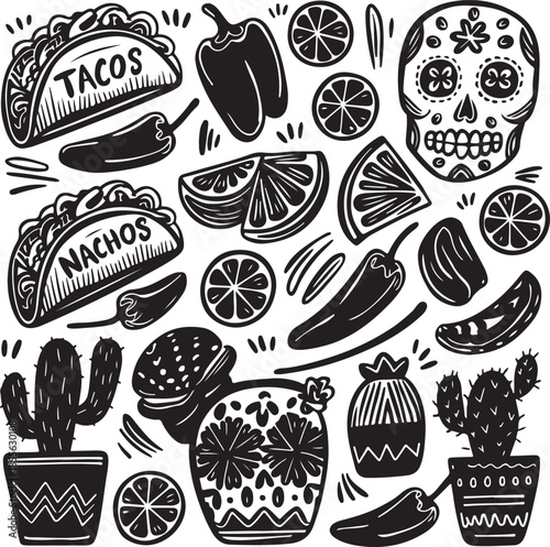 Mexican food and drink illustrations with cacti and sugar skull