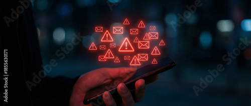 Smartphone User Receiving Multiple Spam and Security Warning Notifications with Red Alert Icons at Night
