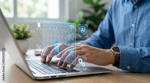 Businessman Planning Schedule with AI Calendar and Digital Task Management Interface on Laptop