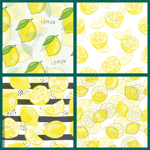 A collection of seamless patterns with lemons. A set of bright citrus fruits in a minimalist style on a white background.