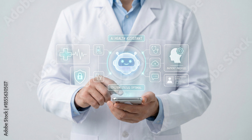 Doctor Using AI Health Assistant App on Smartphone for Patient Profile and Medical Diagnosis