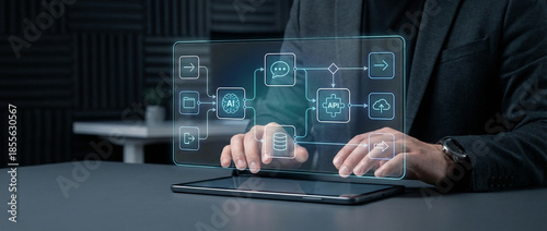 Software Developer Building Automated Workflow with AI and API Integration on Digital Tablet