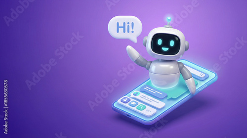 Friendly 3D Robot Character Popping Out of Smartphone for AI Customer Support and Chatbot Service