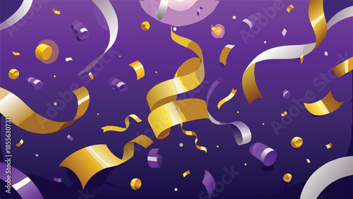 Purple background adorned with colorful confetti and streamers, creating a festive and celebratory atmosphere..eps