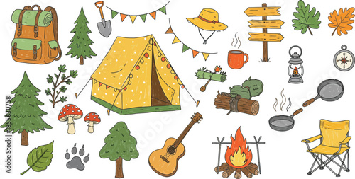 Camping illustration with tent and outdoor recreation elements and objects