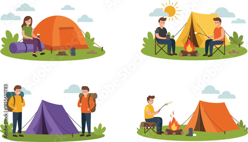 Illustrations of people setting up and enjoying camping in nature