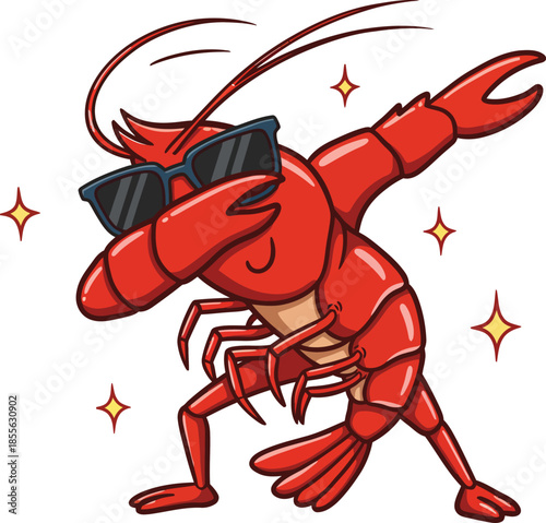 Dancing red lobster with sparkles on white background
