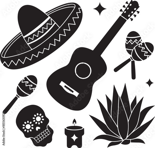 Fiesta themed icons including sombrero guitar maracas skull and agave