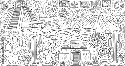 A black and white illustration of an abstract cityscape with buildings and trees