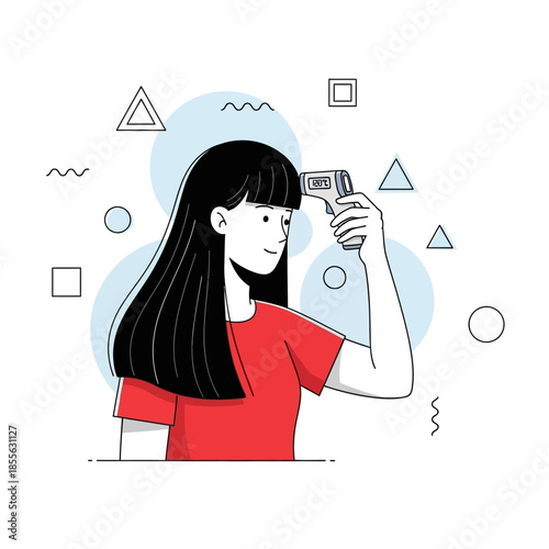 Young woman using an infrared thermometer for body temperature screening, emphasizing health safety