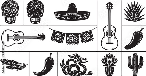 Mexican culture symbols icons set including food and musical instruments