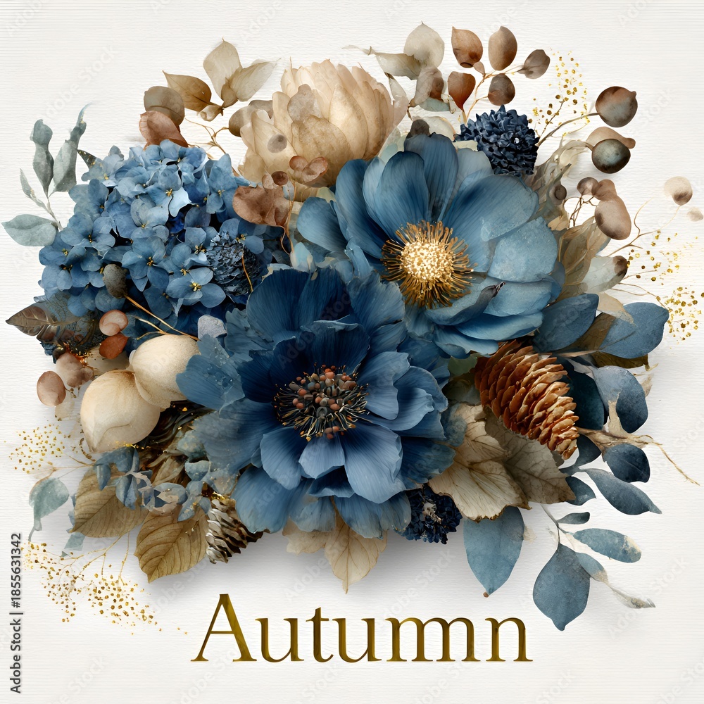 Obraz premium A beautiful autumnal floral arrangement features stunning blue flowers, leaves, and decorative elements on a neutral background in elegant style.
