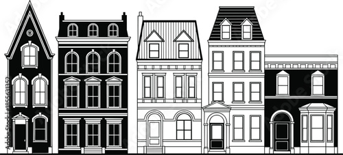 Black and white classic European townhouses row with vintage architectural facades detailed line art vector illustration