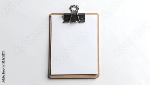 A clipboard with blank white paper on a white surface; top-down view