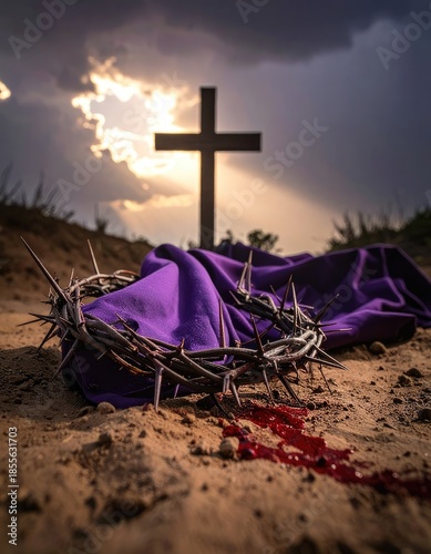 A dramatic depiction of the Crown of Thorns and cross against a stormy sunset.
