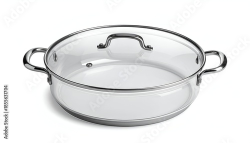 A clear-lidded cooking pan with metal handles on a white background