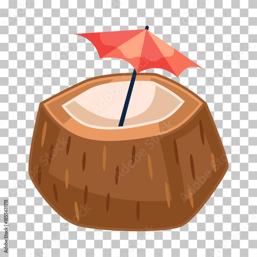 Cartoon illustration of a refreshing coconut drink with a small red umbrella and straw, perfect for a tropical vacation.