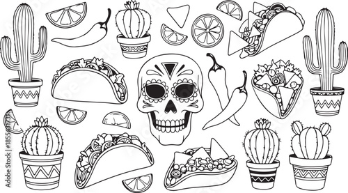 Day of the dead themed illustration with skull cacti and mexican food