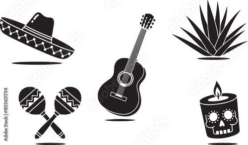 Mexican cultural symbols including sombrero maracas guitar agave and skull candle