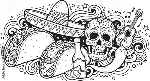 Sombrero wearing skull with tacos and bottle illustration