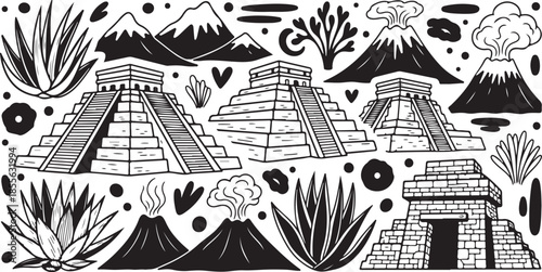 Ancient mesoamerican pyramids and ruins with desert plants and mountains