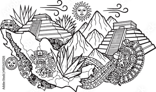 Mountain landscape with cart and foliage in a whimsical illustration