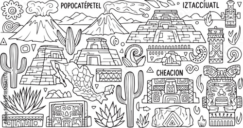 Black and white illustration of a desert town with cacti and buildings