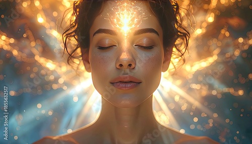 A woman in deep meditation with golden spiritual light emanating from her third eye.