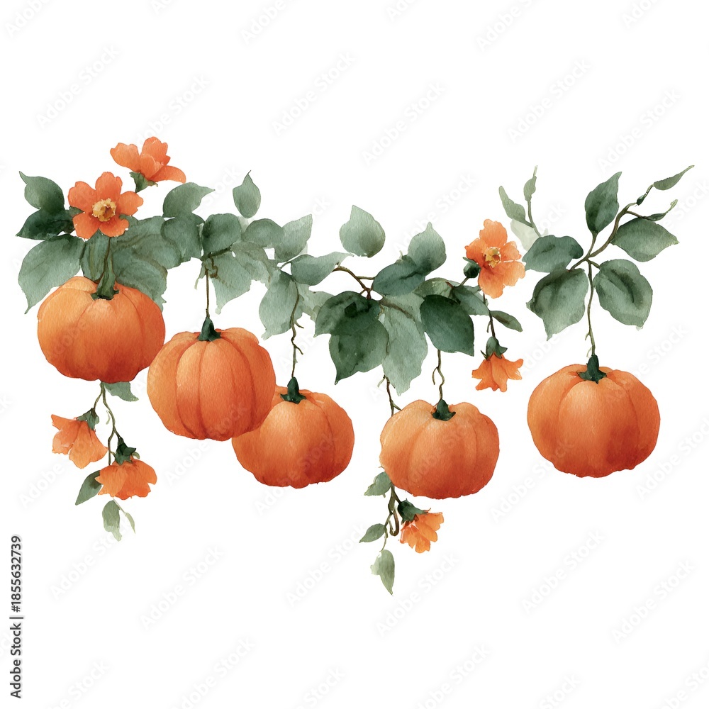 Obraz premium Watercolor illustration featu a garland of orange pumpkins and flowers hanging from a branch on a white background, isolated design element.