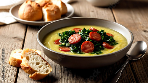 Still life, Rustic farmhouse. Brazilian caldo verde com linguiça calabresa, a thick pureed potato and kale soup with slices of spicy Calabrian sausage, shredded collard greens