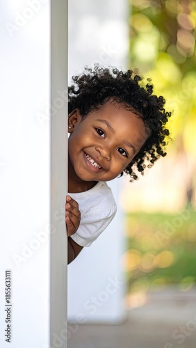 Joyful young girl with curly hair peeking around a white corner outdoors.