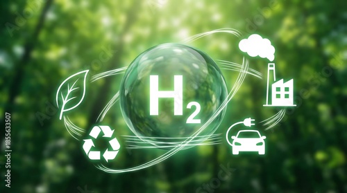 Green hydrogen H2 energy concept with eco icons in nature background, illustrating renewable fuel, decarbonization, and clean technology future
